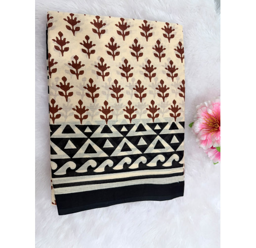 Cream Cotton Saree with Traditional Brown Butta Print & Black Geometric Border