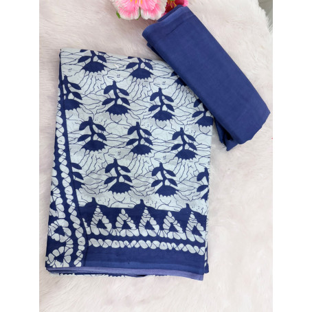 White Cotton Saree with Traditional Blue Butta Print & Blue Geometric Border
