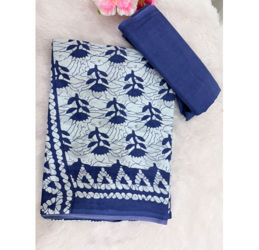 White Cotton Saree with Traditional Blue Butta Print & Blue Geometric Border