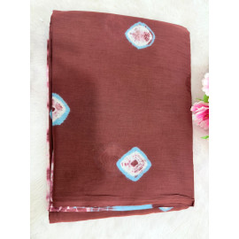 Rich Brown Linen Cotton Saree with Traditional Blue Diamond  Print 