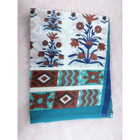  White & Blue Cotton Saree with Traditional Brown & Blue Butta Print & Brown Geometric Border
