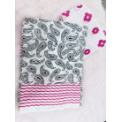 White Cotton Saree with Traditional Black Butta Print & Pink Geometric Border