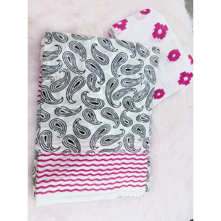 White Cotton Saree with Traditional Black Butta Print & Pink Geometric Border