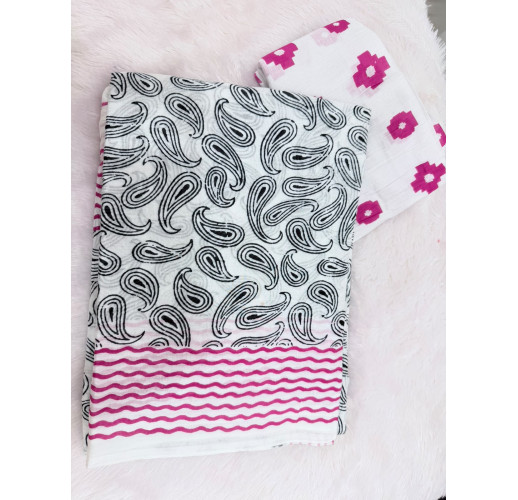 White Cotton Saree with Traditional Black Butta Print & Pink Geometric Border