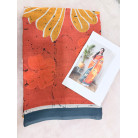 Coral Orange Floral Print Cotton Saree with Grey Border
