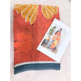 Coral Orange Floral Print Cotton Saree with Grey Border