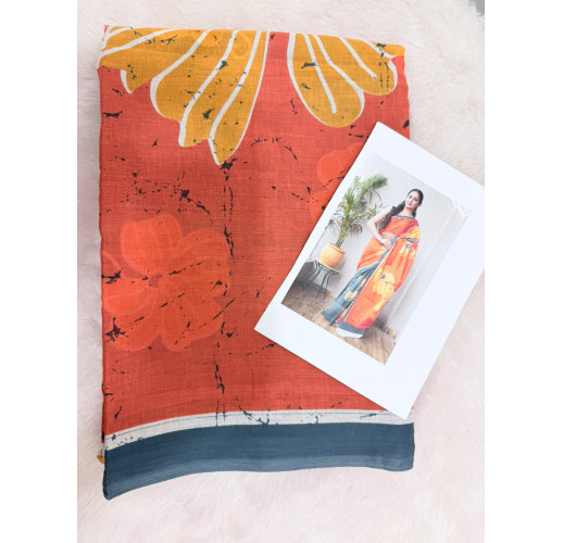Coral Orange Floral Print Cotton Saree with Grey Border