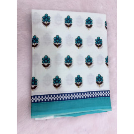White Cotton Saree with Traditional Blue & Brown Floral Print & Blue Border