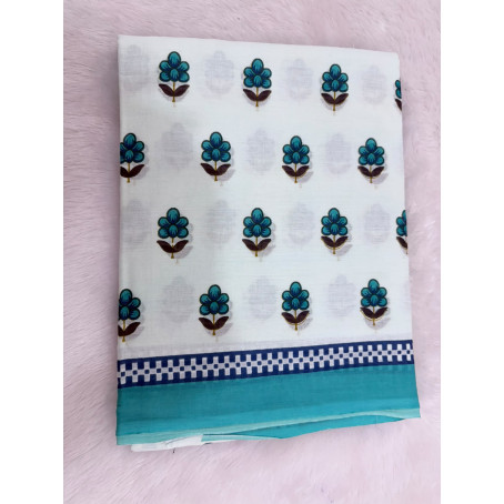 White Cotton Saree with Traditional Blue & Brown Floral Print & Blue Border