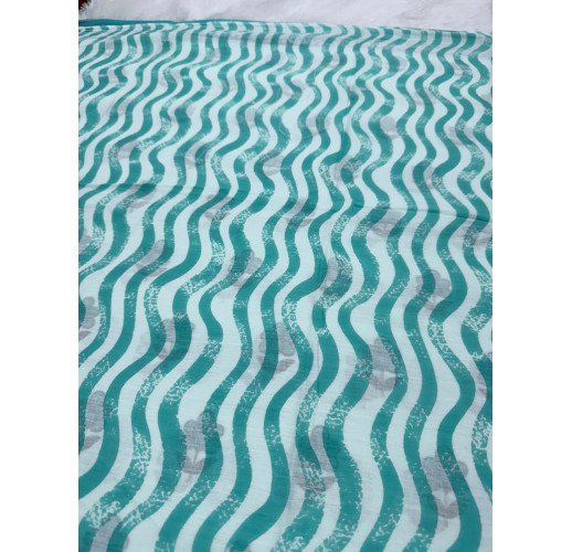 White Cotton Saree with Traditional Blue & Brown Floral Print & Blue Border