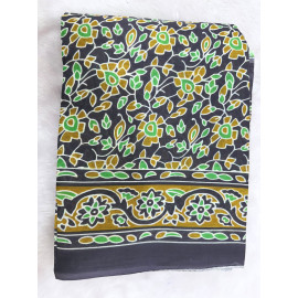 Brown Kalamkari Floral Printed Soft Cotton Linen Saree with Mustard & Green Accents