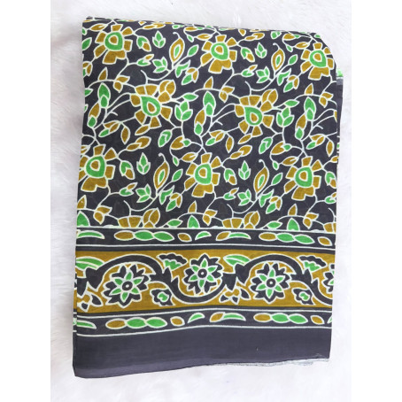Brown Kalamkari Floral Printed Soft Cotton Linen Saree with Mustard & Green Accents