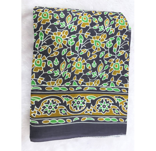 Brown Kalamkari Floral Printed Soft Cotton Linen Saree with Mustard & Green Accents