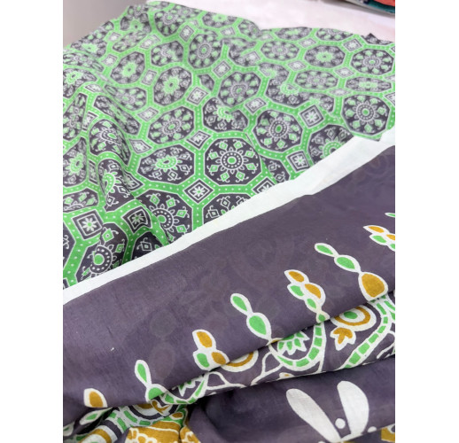 Brown Kalamkari Floral Printed Soft Cotton Linen Saree with Mustard & Green Accents