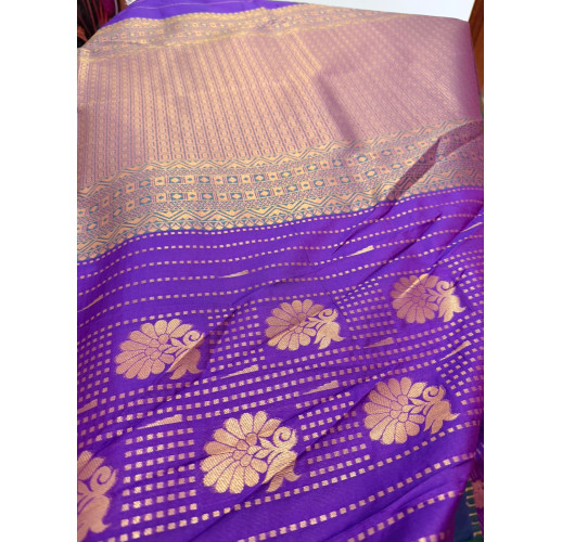  Light Brown Mysore Silk Saree with Peacock Motif & Royal Purple Rich Zari Pallu
