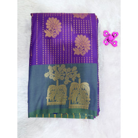 Royal Purple Mysore Silk Saree with Peacock Motif & Teal Green Rich Zari Pallu