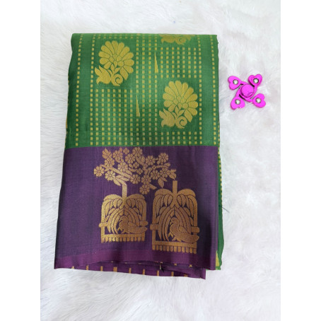 Green Mysore Silk Saree with Peacock Motif & Royal Purple Rich Zari Pallu