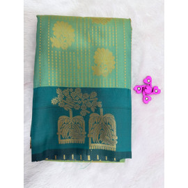 Light Green Mysore Silk Saree with Peacock Motif & Blue Rich Zari Pallu