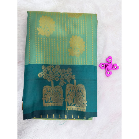 Light Green Mysore Silk Saree with Peacock Motif & Blue Rich Zari Pallu