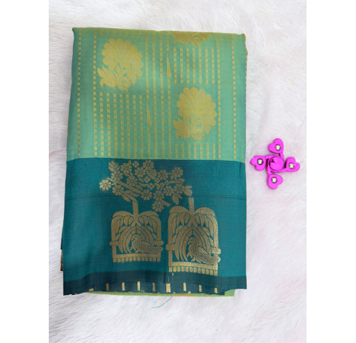 Light Green Mysore Silk Saree with Peacock Motif & Blue Rich Zari Pallu