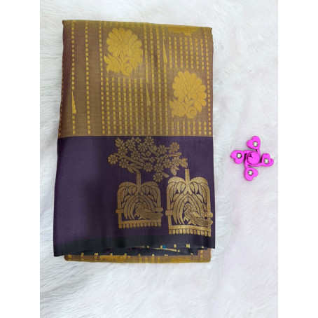  Light Brown Mysore Silk Saree with Peacock Motif & Royal Purple Rich Zari Pallu