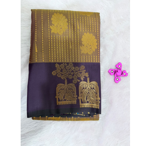  Light Brown Mysore Silk Saree with Peacock Motif & Royal Purple Rich Zari Pallu