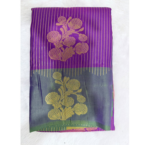 Royal Purpel & Light Green Mysore Silk Saree with Gold Floral Zari Weaving