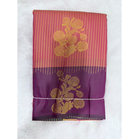 Orange & Royal Purple Mysore Silk Saree with Gold Floral Zari Weaving