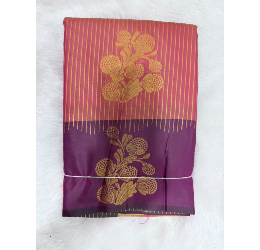 Orange & Royal Purple Mysore Silk Saree with Gold Floral Zari Weaving