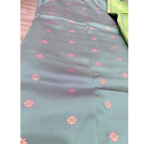 Royal Purpel & Light Green Mysore Silk Saree with Gold Floral Zari Weaving