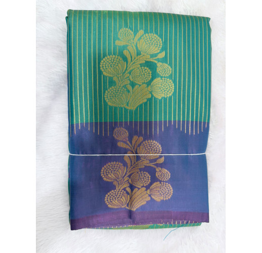 Green & Royal Blue Mysore Silk Saree with Gold Floral Zari Weaving