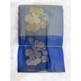 Steel Grey & Royal Blue Mysore Silk Saree with Gold Floral Zari Weaving