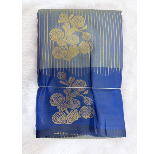 Steel Grey & Royal Blue Mysore Silk Saree with Gold Floral Zari Weaving
