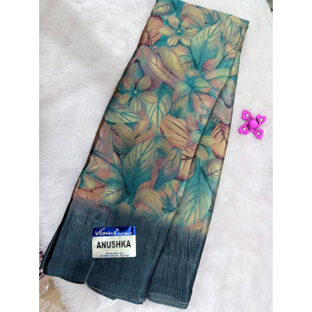 Venus Anushka Floral Printed Soft Silk Saree with Blouse Piece – Teal Green & Pastel Multicolor 