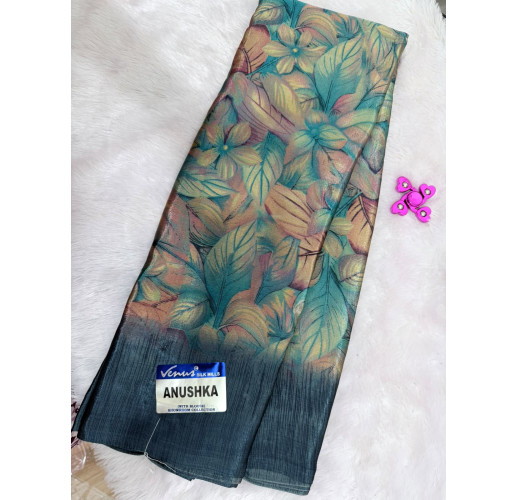 Venus Anushka Floral Printed Soft Silk Saree with Blouse Piece – Teal Green & Pastel Multicolor 