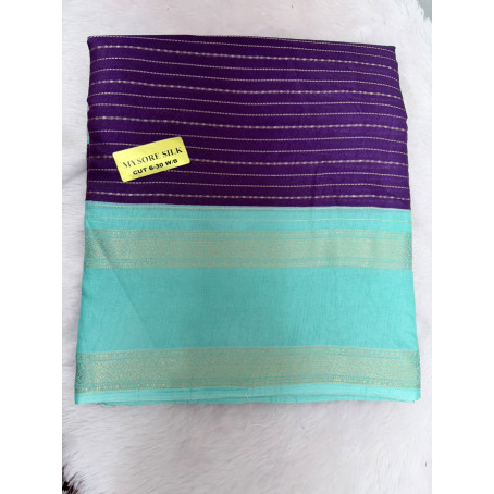 Purple & Aqua Blue Mysore Silk Saree with Gold Zari Border