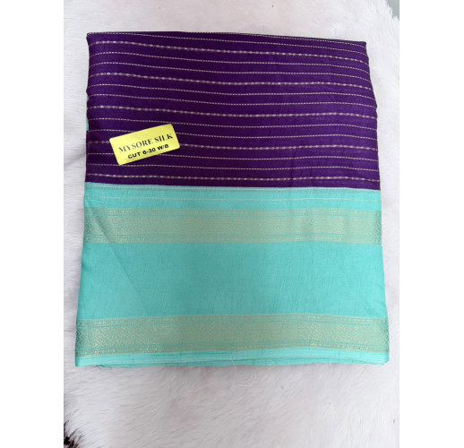 Purple & Aqua Blue Mysore Silk Saree with Gold Zari Border