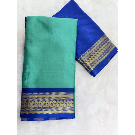 Green Gold Mysore Silk Saree with Maroon Rich Zari Border