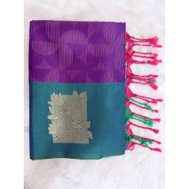 Royal Purple Mysore Silk Saree with Peacock Green Border & Gold Floral Zari Design