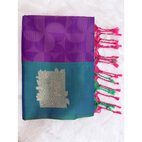 Royal Purple Mysore Silk Saree with Peacock Green Border & Gold Floral Zari Design