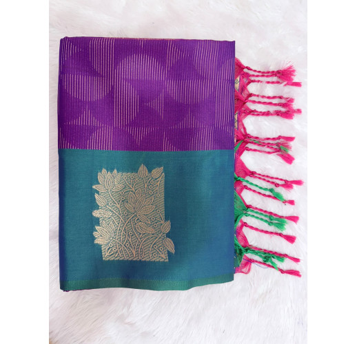 Royal Purple Mysore Silk Saree with Peacock Green Border & Gold Floral Zari Design