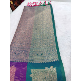 Green Mysore Silk Saree with Peacock Purple Border & Gold Floral Zari Design