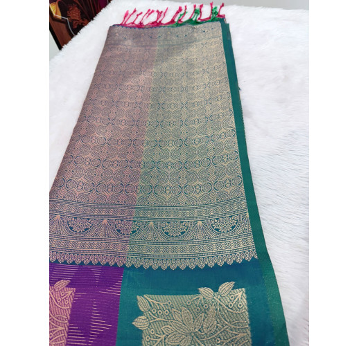 Orange Mysore Silk Saree with Peacock Purple Border & Gold Floral Zari Design