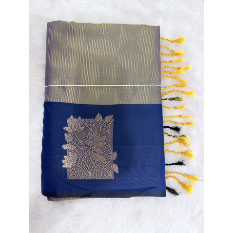 Coffee Grey Mysore Silk Saree with Peacock Royal blue Border & Gold Floral Zari Design