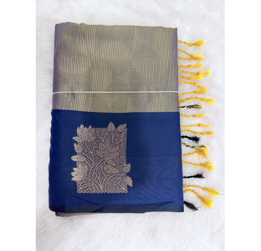 Coffee Grey Mysore Silk Saree with Peacock Royal blue Border & Gold Floral Zari Design
