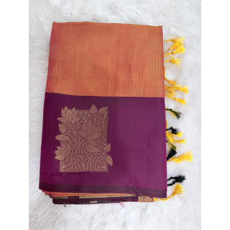 Orange Mysore Silk Saree with Peacock Purple Border & Gold Floral Zari Design