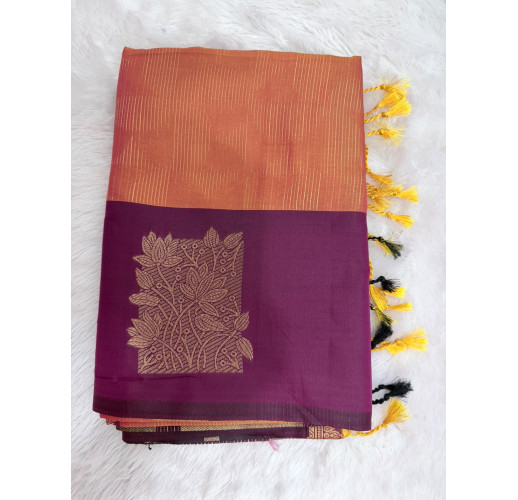 Orange Mysore Silk Saree with Peacock Purple Border & Gold Floral Zari Design