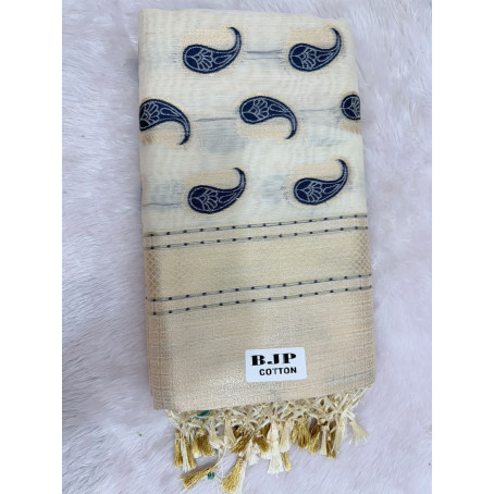Cream Cotton Saree with Navy Blue Paisley Prints & Gold Zari Border