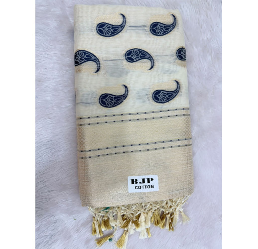 Cream Cotton Saree with Navy Blue Paisley Prints & Gold Zari Border