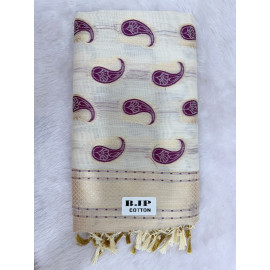 Cream Cotton Saree with Purple Paisley Prints & Gold Zari Border